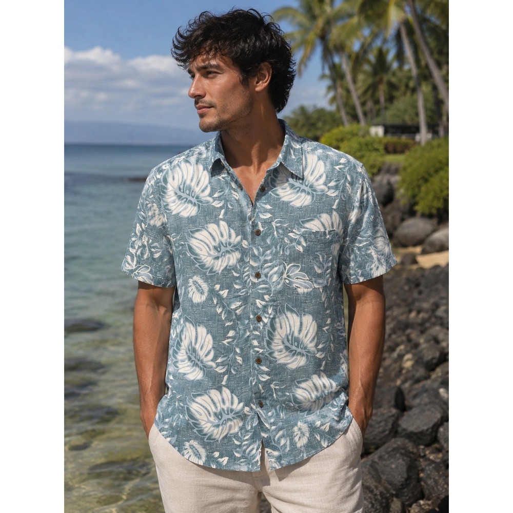 Woodys Retro Lounge Mens Blue Tropical Monstera Leaf Modal Blend Shirt Medium